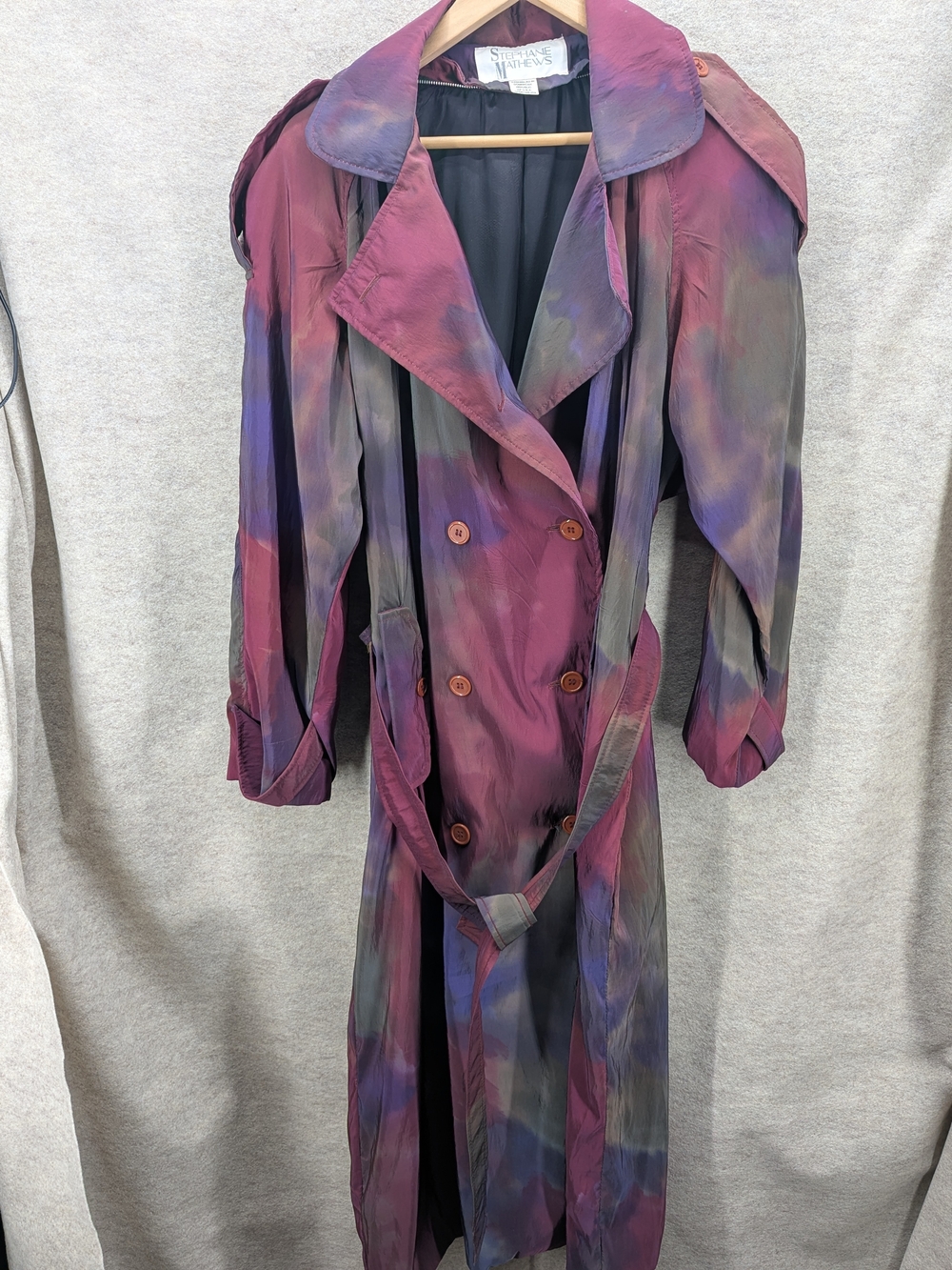 Stephanie Mathews VTG Trench Coat Whimsygoth Duster Watercolor Sz 11/12 Purple
